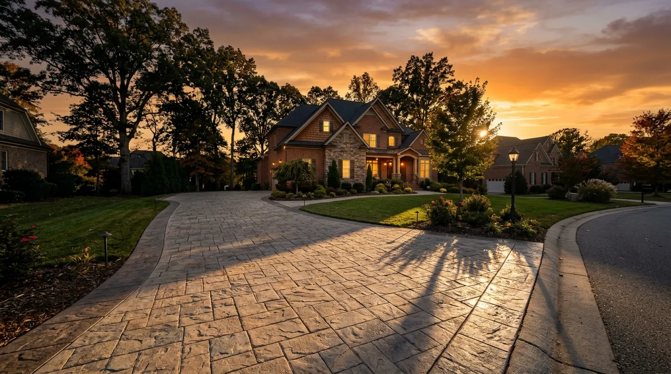 Finished concrete driveway at dusk in Raleigh, NC
