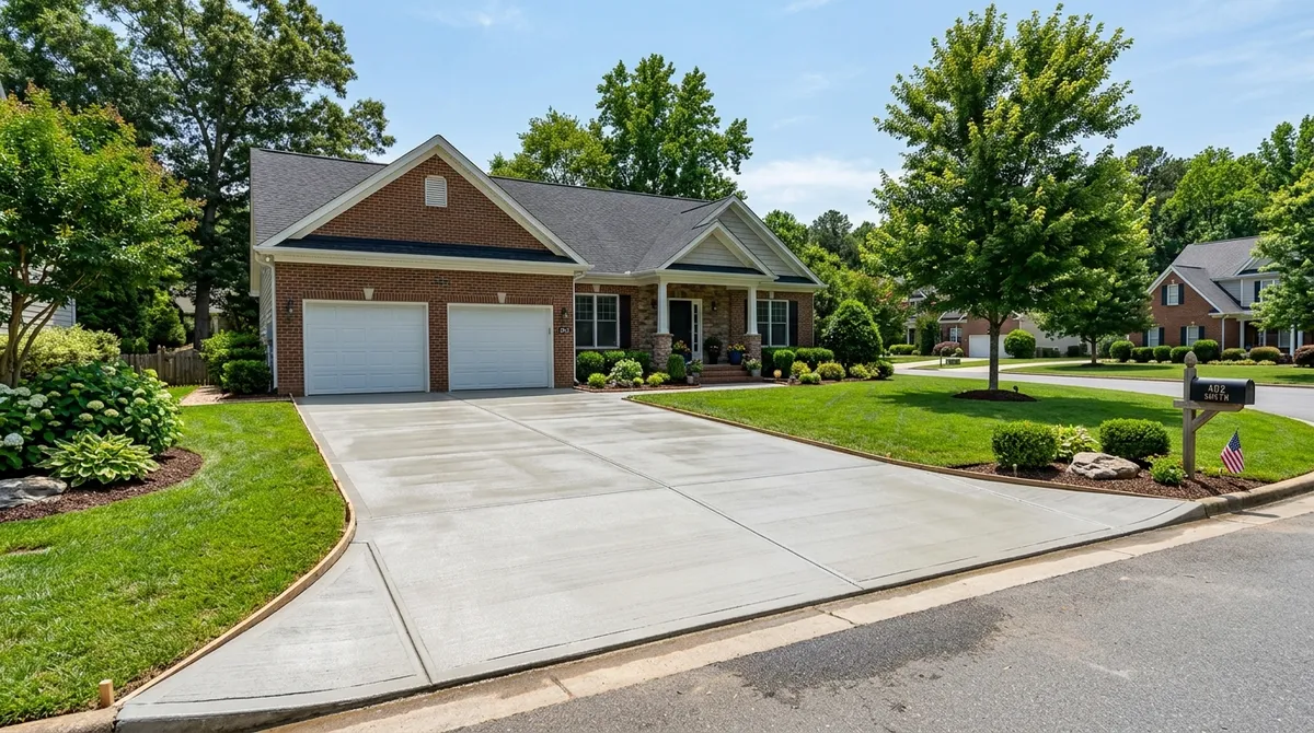 New broom-finish concrete driveway with saw-cut control joints in a Raleigh, NC suburb