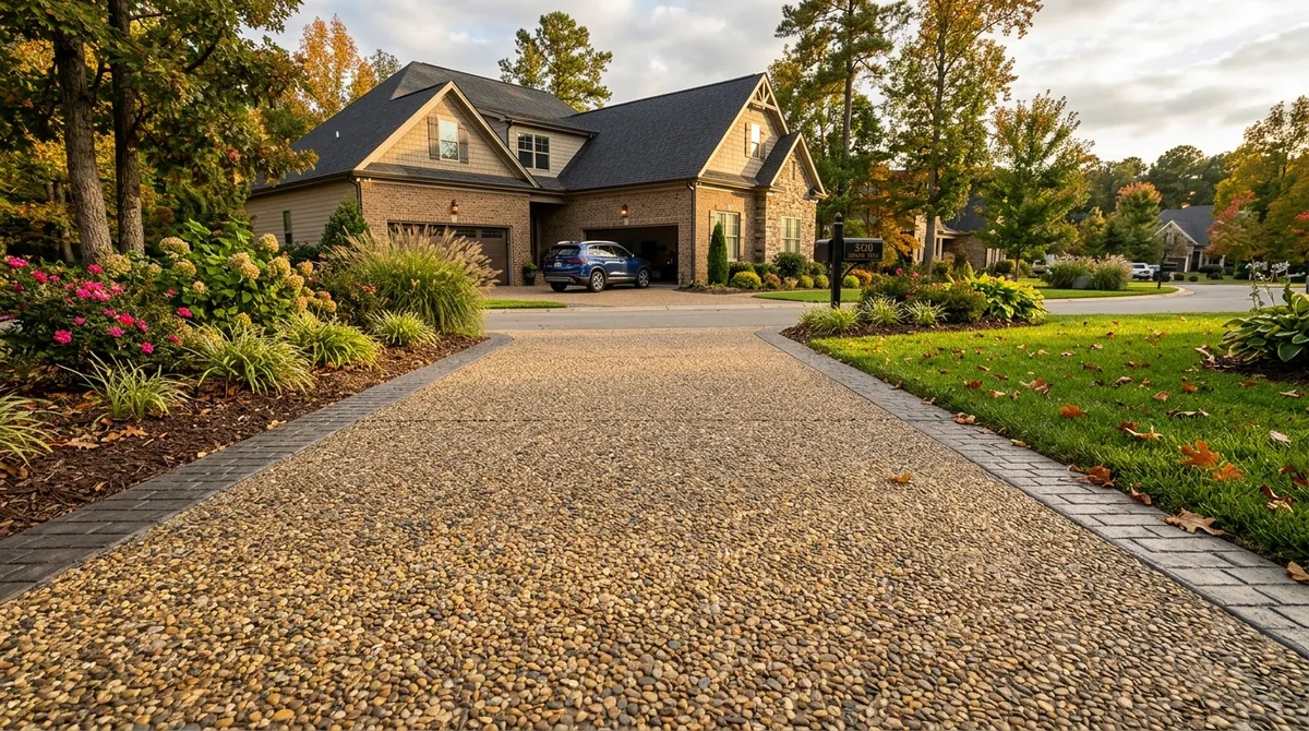 Exposed aggregate concrete driveway with a stone-speckled finish in Raleigh, NC