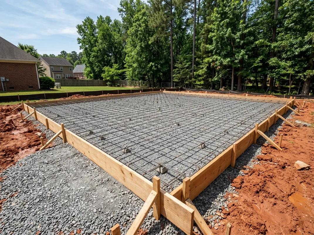 Formed concrete pad with steel rebar over a compacted gravel base in a Raleigh backyard