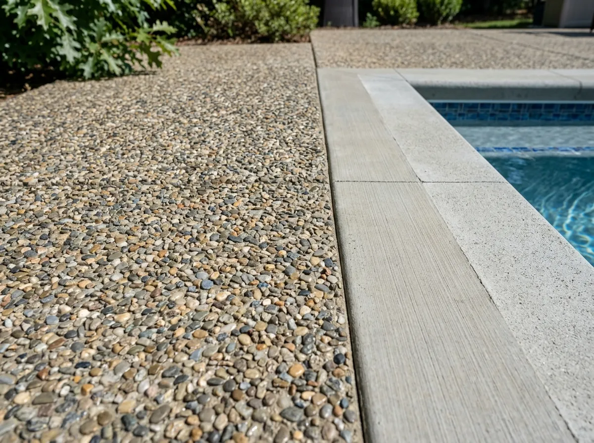 Exposed aggregate concrete patio surface with a slip-resistant poolside edge