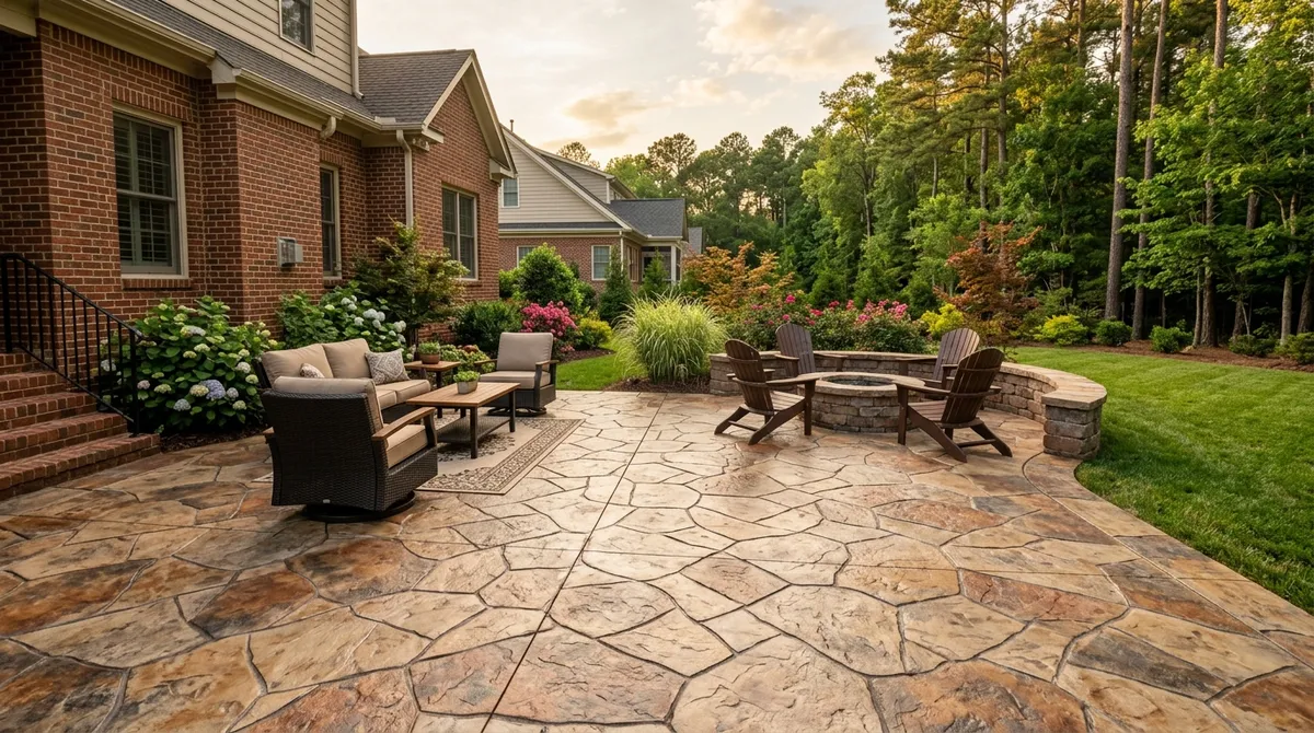 Stamped concrete patio outdoor living space with a fire pit in a Raleigh backyard