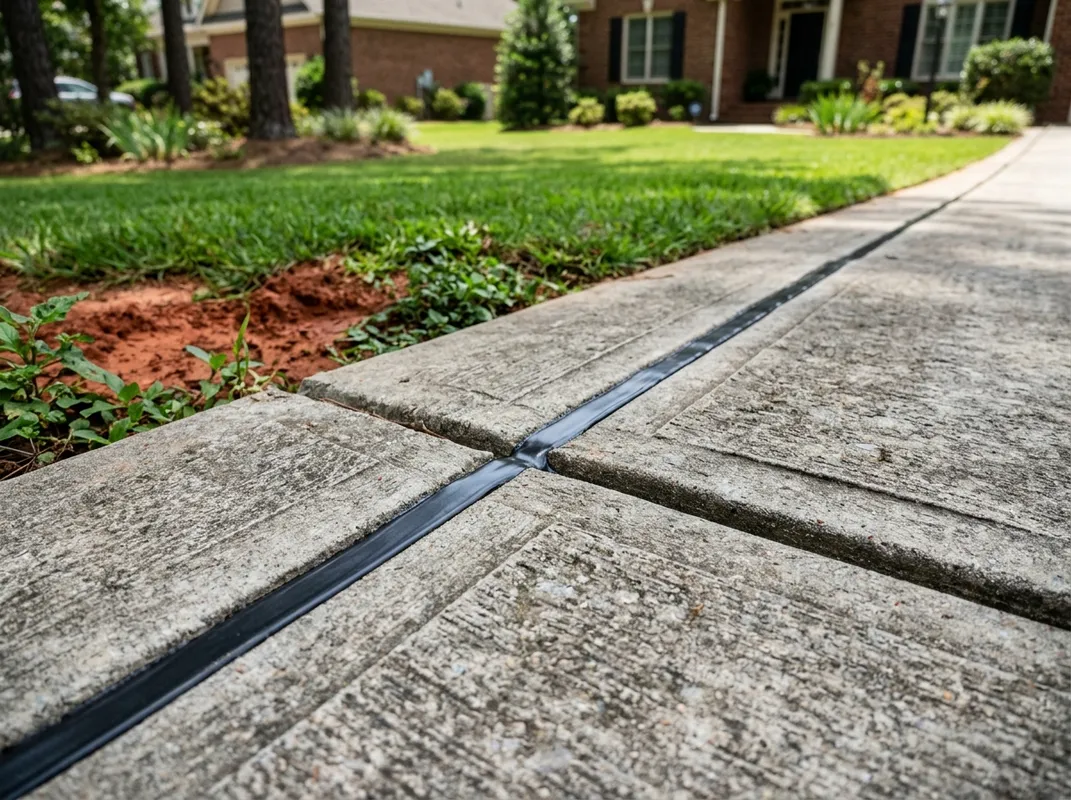 Routed and sealed crack repair on a residential concrete driveway in Raleigh, NC