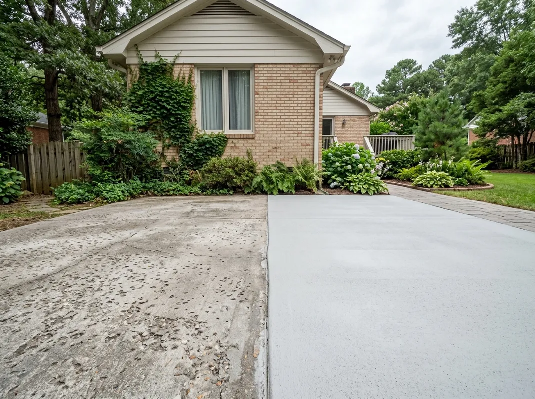 Worn concrete patio half-renewed with a fresh bonded resurfacing overlay in Raleigh, NC