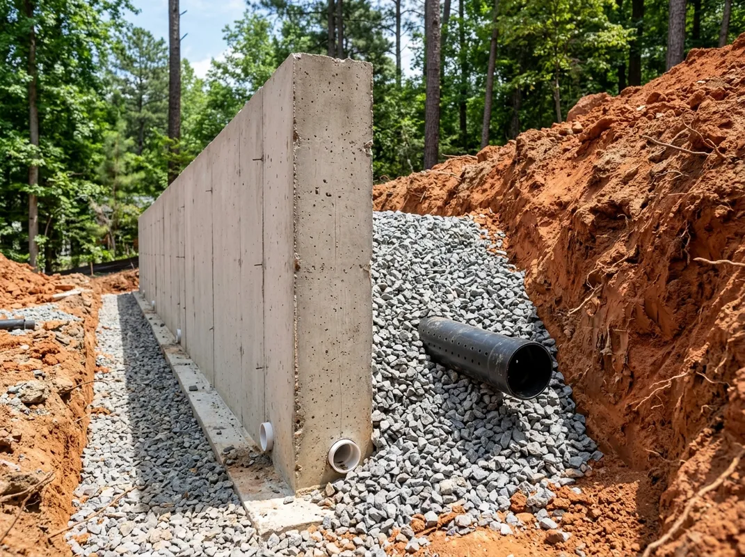 Gravel backfill drainage zone and weep holes behind a poured concrete retaining wall in a Raleigh backyard