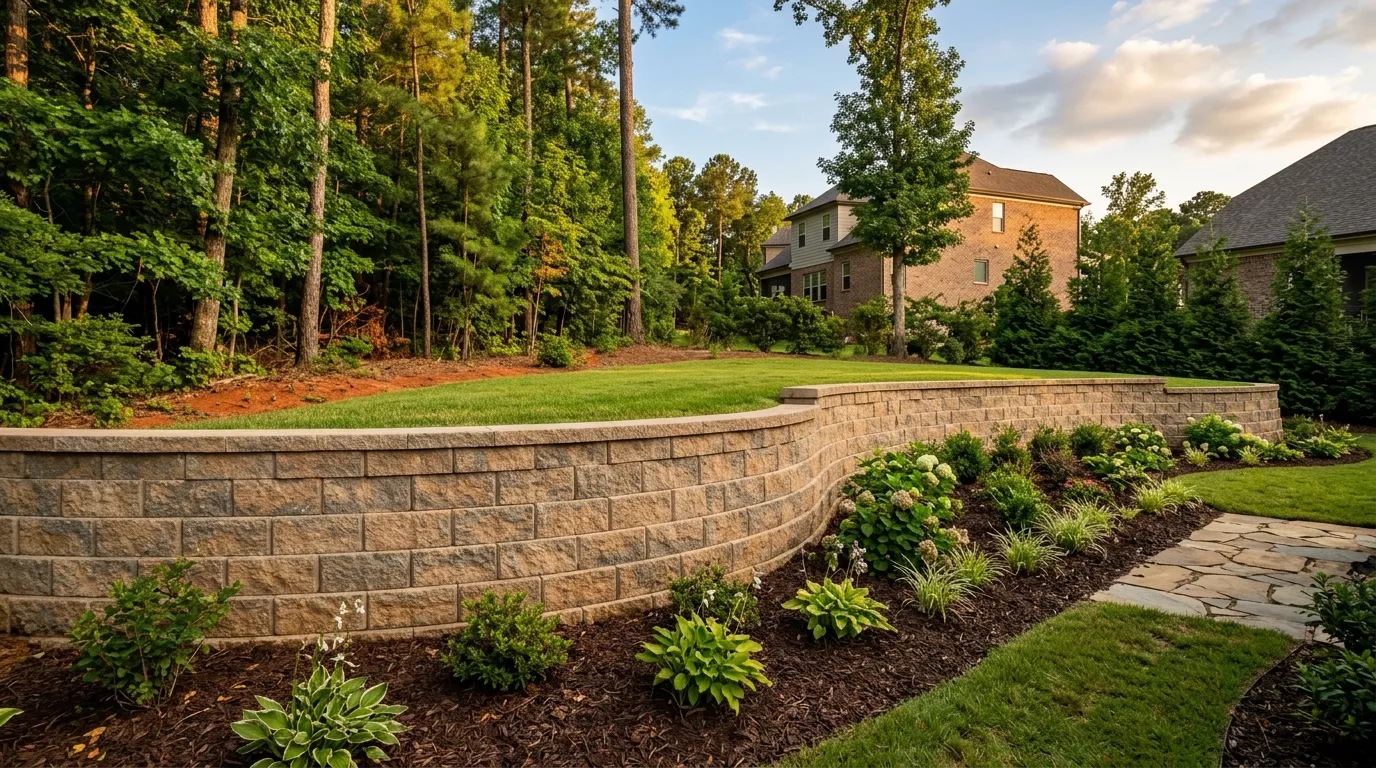 Poured concrete retaining wall holding back a Triangle hillside