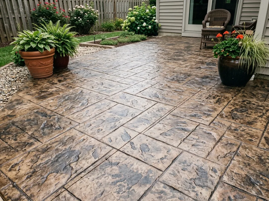 Stamped concrete patio with a decorative stone pattern