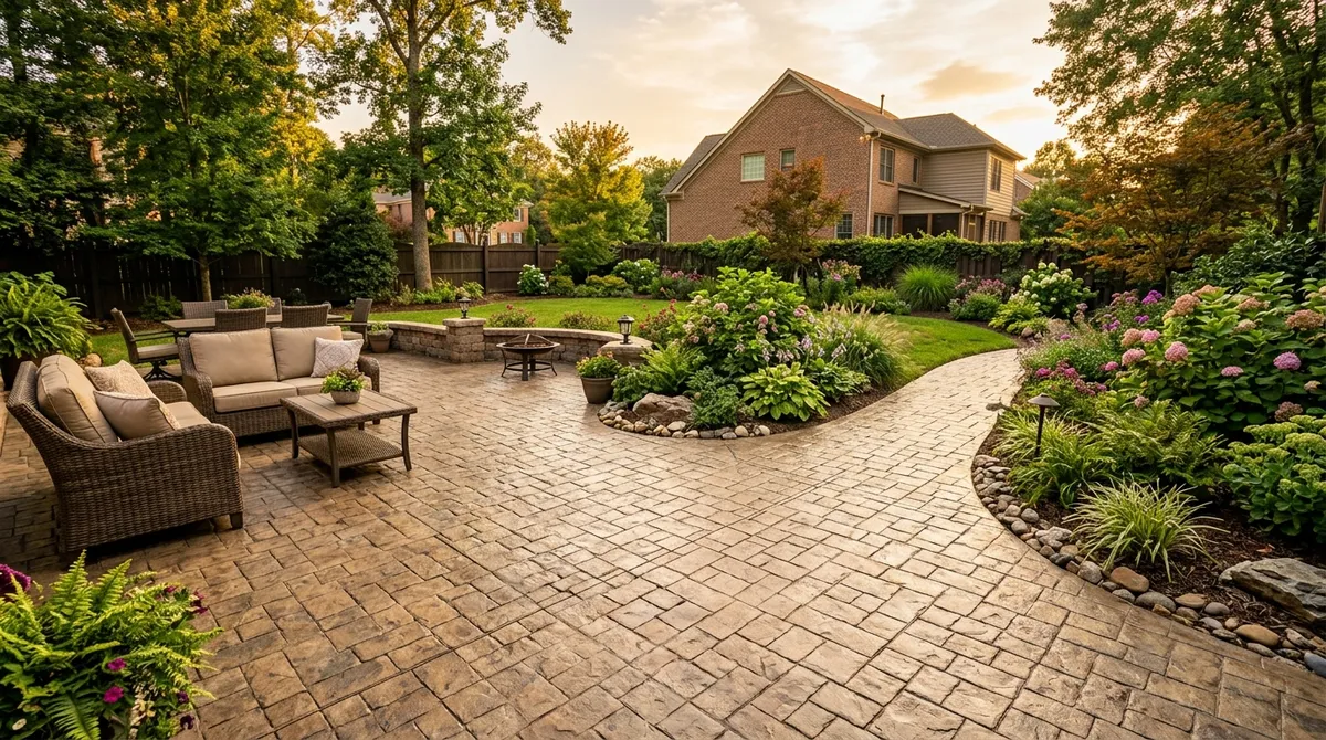 ALB Concrete Solutions Stamped concrete patio and matching cobblestone walkway in a Raleigh backyard