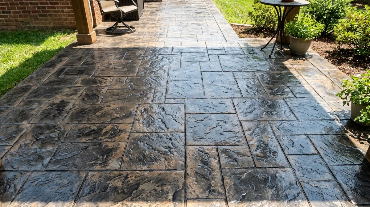 ALB Concrete Solutions Close-up of finished ashlar slate stamped concrete with charcoal and earth-tone color