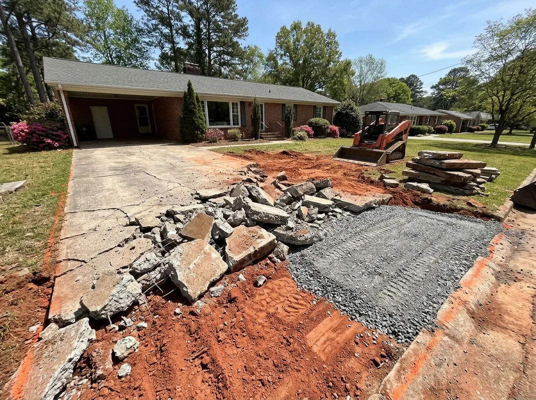 Old cracked concrete driveway saw-cut and broken up for haul-off over a freshly exposed base in Raleigh, NC