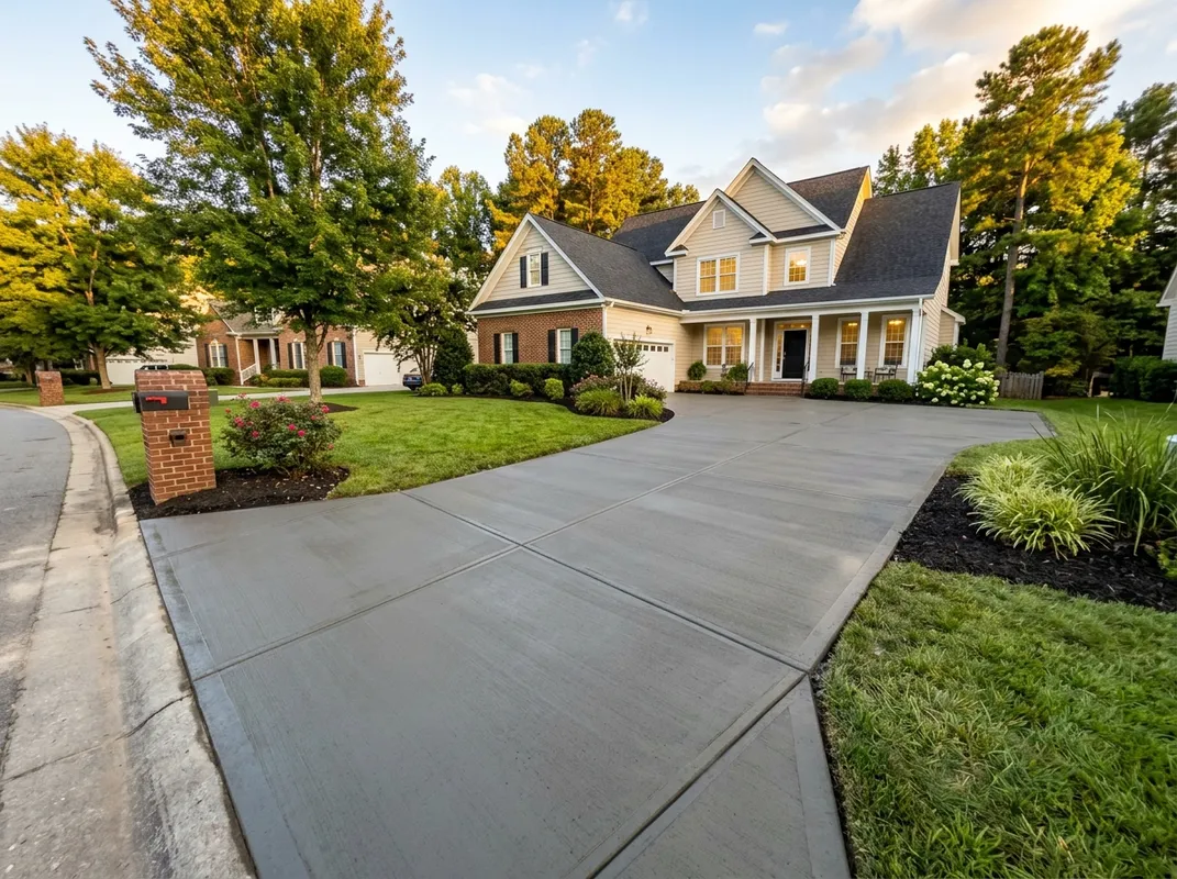 Freshly poured replacement concrete driveway with clean broom finish and saw-cut joints in Raleigh, NC