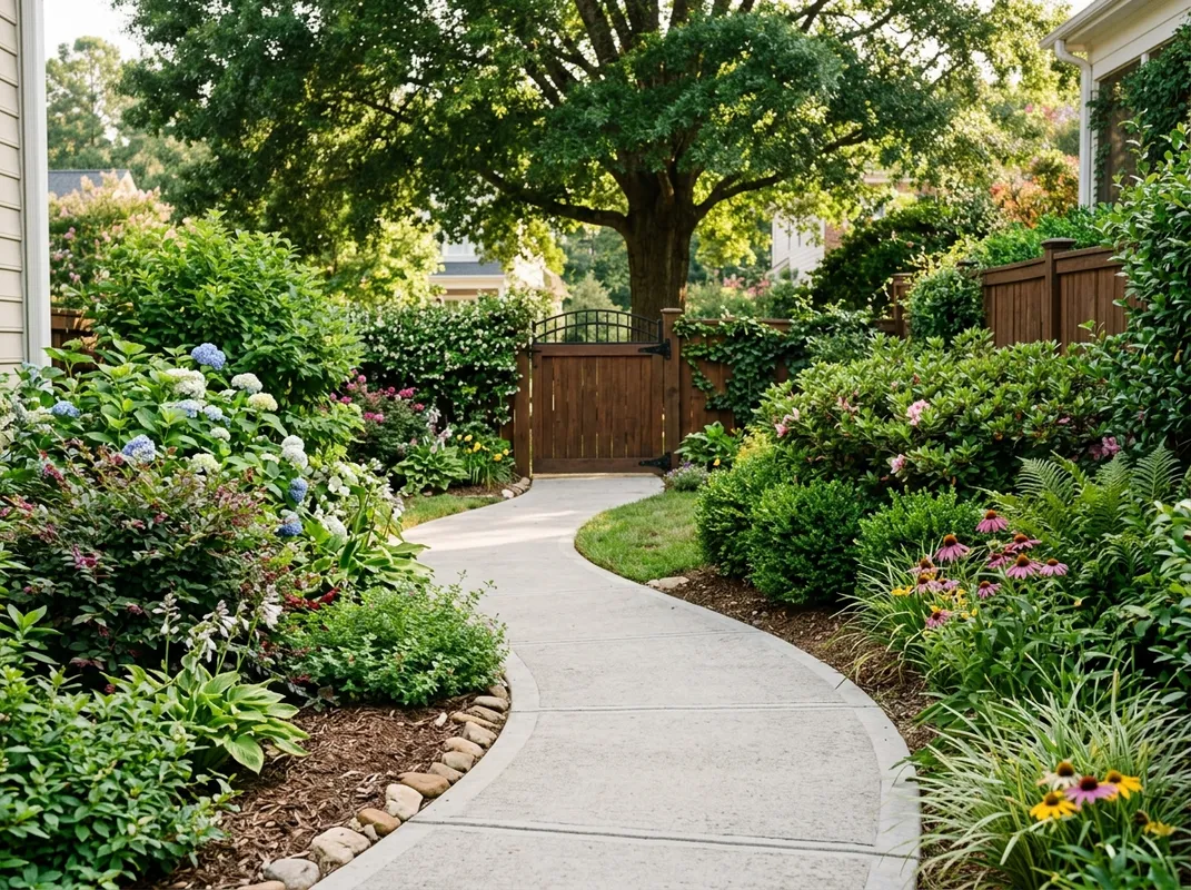 Curved concrete garden path with a broom finish winding through landscaped beds in a Raleigh, NC backyard