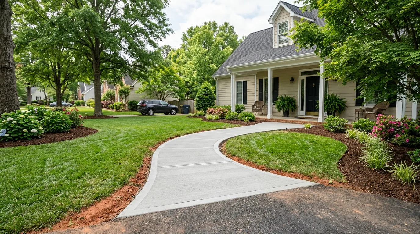 Freshly poured residential concrete walkway with a broom finish leading to a front porch in Raleigh, NC